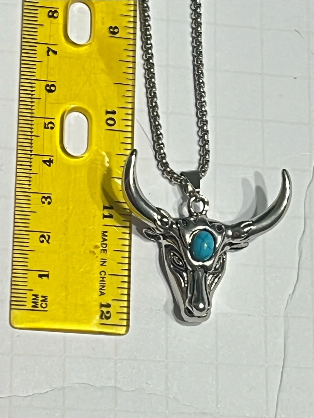 Silver Bull Skull Pendant Necklace with Turquoise Accent